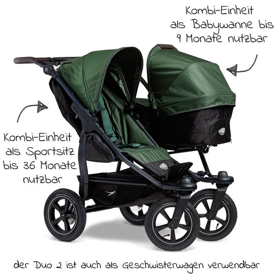 TFK Geschwister- & Zwillingskinderwagen Duo 2 mit Luftreifen - 2x Kombi-Einheit (Wanne+Sitz) mit Liegeposition & XXL Zamboo Zubehör - Olive