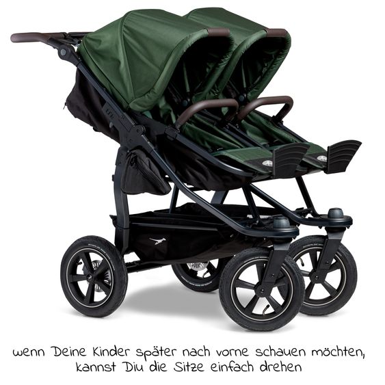 TFK Sibling & twin baby carriage Duo 2 with pneumatic tires - 2x combination unit (carrycot+seat) with reclining position & XXL Zamboo accessories - Olive