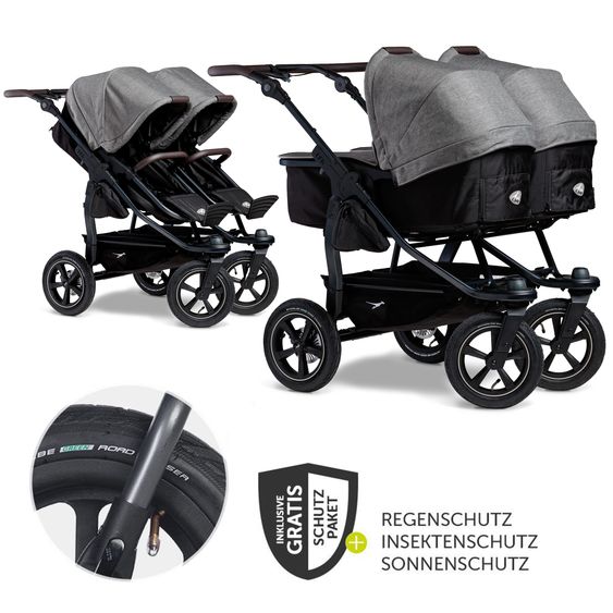 TFK Geschwister- & Zwillingskinderwagen Duo 2 mit Luftreifen - 2x Kombi-Einheit (Wanne+Sitz) mit Liegeposition & XXL Zamboo Zubehör - Premium Grau