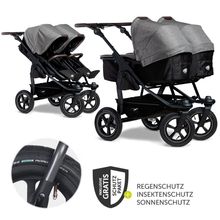 Geschwister- & Zwillingskinderwagen Duo 2 mit Luftreifen - 2x Kombi-Einheit (Wanne+Sitz) mit Liegeposition & XXL Zamboo Zubehör - Premium Grau