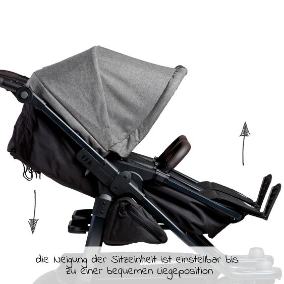 TFK Passeggino gemellare Duo 2 con pneumatici - 2x unità combinata (navicella+seggiolino) con posizione reclinabile e accessori XXL Zamboo - Grigio Premium