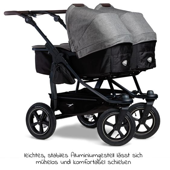 TFK Geschwister- & Zwillingskinderwagen Duo 2 mit Luftreifen - 2x Kombi-Einheit (Wanne+Sitz) mit Liegeposition & XXL Zamboo Zubehör - Premium Grau