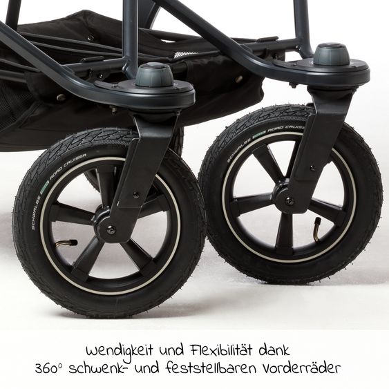 TFK Passeggino gemellare Duo 2 con pneumatici - 2x unità combinata (navicella+seggiolino) con posizione reclinabile e accessori XXL Zamboo - Grigio Premium