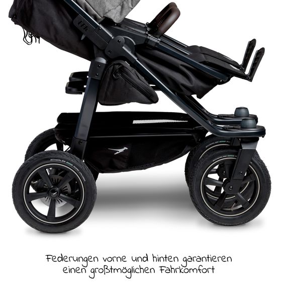 TFK Sibling & twin stroller Duo 2 with pneumatic tires - 2x combination unit (carrycot+seat) with reclining position & XXL Zamboo accessories - Premium Grey