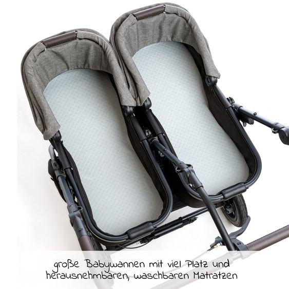 TFK Passeggino gemellare Duo 2 con pneumatici - 2x unità combinata (navicella+seggiolino) con posizione reclinabile e accessori XXL Zamboo - Grigio Premium