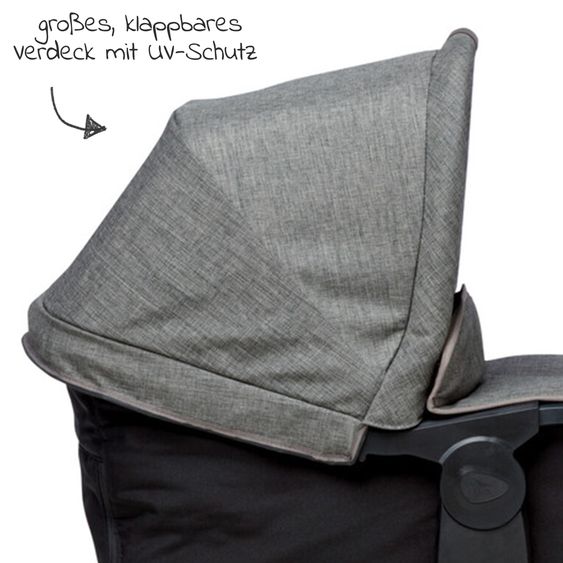 TFK Passeggino gemellare Duo 2 con pneumatici - 2x unità combinata (navicella+seggiolino) con posizione reclinabile e accessori XXL Zamboo - Grigio Premium