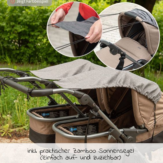 TFK Passeggino gemellare Duo 2 con pneumatici - 2x unità combinata (navicella+seggiolino) con posizione reclinabile e accessori XXL Zamboo - Grigio Premium