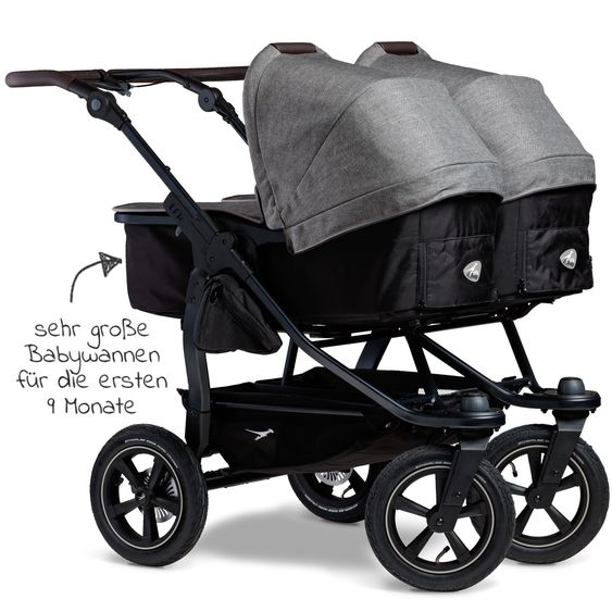 TFK Passeggino gemellare Duo 2 con pneumatici - 2x unità combinata (navicella+seggiolino) con posizione reclinabile e accessori XXL Zamboo - Grigio Premium