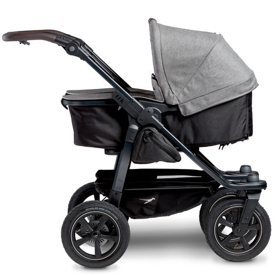 TFK Passeggino gemellare Duo 2 con pneumatici - 2x unità combinata (navicella+seggiolino) con posizione reclinabile e accessori XXL Zamboo - Grigio Premium