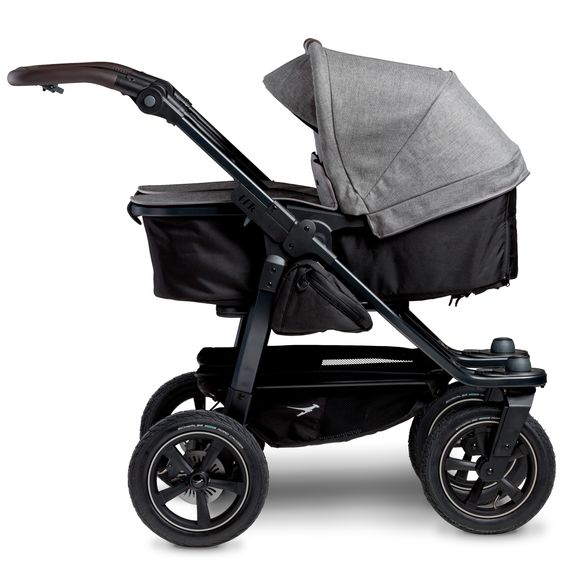 TFK Passeggino gemellare Duo 2 con pneumatici - 2x unità combinata (navicella+seggiolino) con posizione reclinabile e accessori XXL Zamboo - Grigio Premium