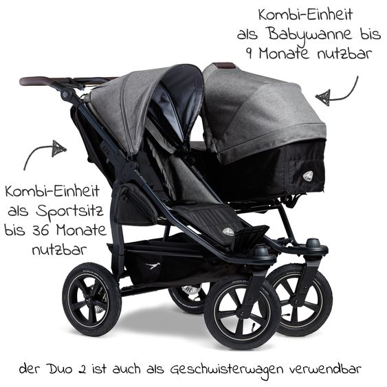 TFK Sibling & twin stroller Duo 2 with pneumatic tires - 2x combination unit (carrycot+seat) with reclining position & XXL Zamboo accessories - Premium Grey