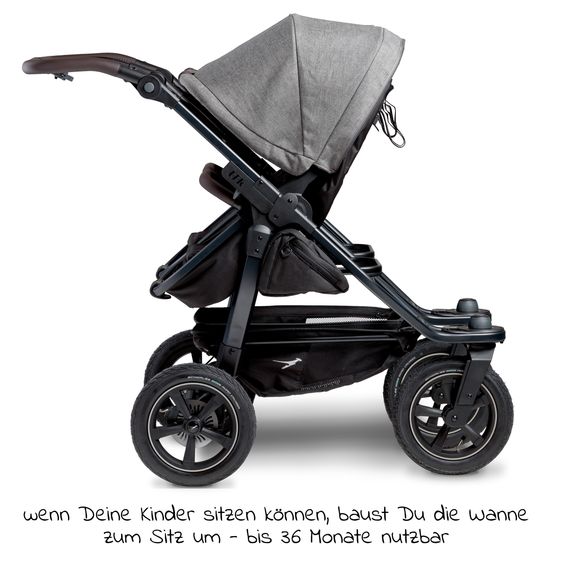 TFK Passeggino gemellare Duo 2 con pneumatici - 2x unità combinata (navicella+seggiolino) con posizione reclinabile e accessori XXL Zamboo - Grigio Premium