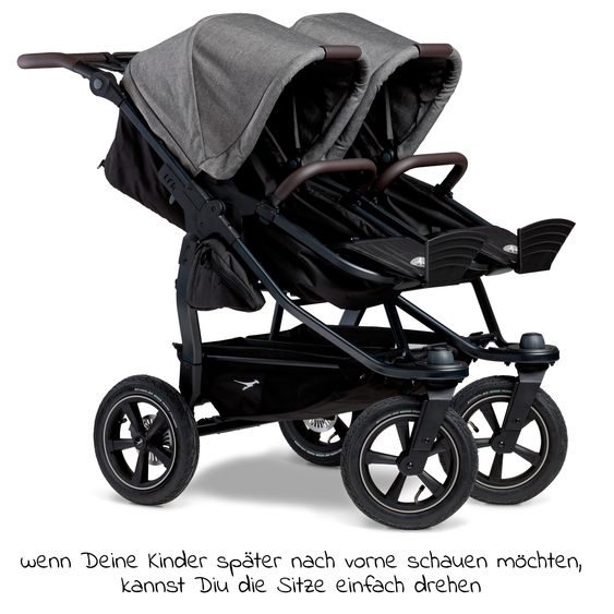 TFK Sibling & twin stroller Duo 2 with pneumatic tires - 2x combination unit (carrycot+seat) with reclining position & XXL Zamboo accessories - Premium Grey