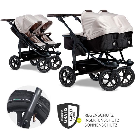 TFK Sibling & twin baby carriage Duo 2 with pneumatic tires - 2x combination unit (carrycot+seat) with reclining position & XXL Zamboo accessories - Sand