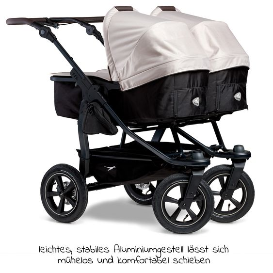 TFK Passeggino gemellare Duo 2 con pneumatici - 2x unità combinata (navicella+seggiolino) con posizione reclinabile e accessori XXL Zamboo - Sabbia