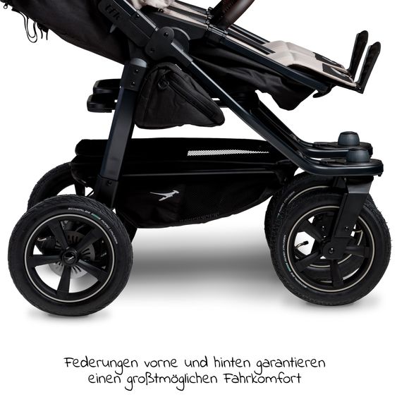 TFK Sibling & twin baby carriage Duo 2 with pneumatic tires - 2x combination unit (carrycot+seat) with reclining position & XXL Zamboo accessories - Sand