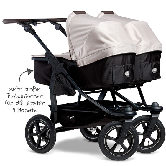 TFK Passeggino gemellare Duo 2 con pneumatici - 2x unità combinata (navicella+seggiolino) con posizione reclinabile e accessori XXL Zamboo - Sabbia