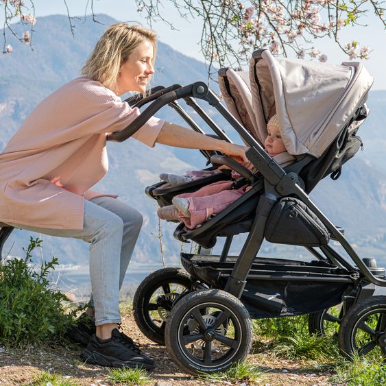 TFK Sibling & twin baby carriage Duo 2 with pneumatic tires - 2x combination unit (carrycot+seat) with reclining position & XXL Zamboo accessories - Sand