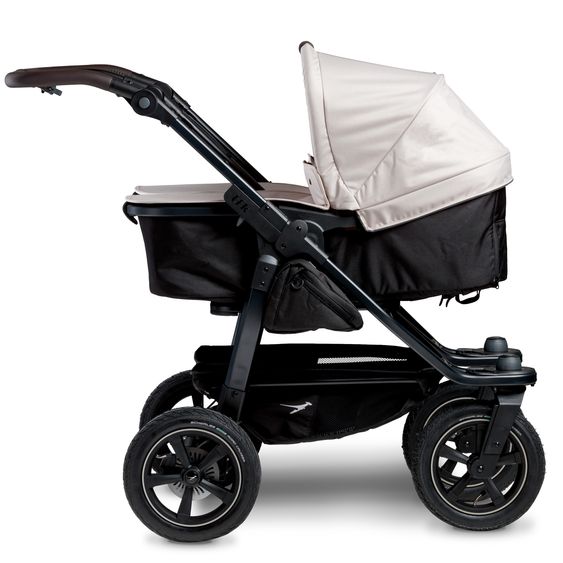 TFK Passeggino gemellare Duo 2 con pneumatici - 2x unità combinata (navicella+seggiolino) con posizione reclinabile e accessori XXL Zamboo - Sabbia