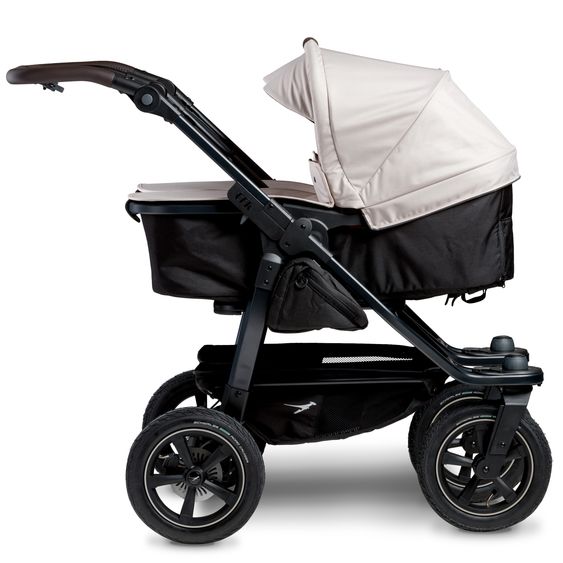 TFK Passeggino gemellare Duo 2 con pneumatici - 2x unità combinata (navicella+seggiolino) con posizione reclinabile e accessori XXL Zamboo - Sabbia