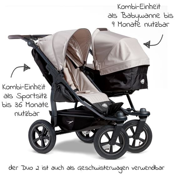 TFK Passeggino gemellare Duo 2 con pneumatici - 2x unità combinata (navicella+seggiolino) con posizione reclinabile e accessori XXL Zamboo - Sabbia