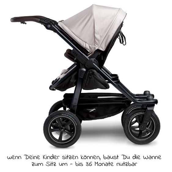 TFK Passeggino gemellare Duo 2 con pneumatici - 2x unità combinata (navicella+seggiolino) con posizione reclinabile e accessori XXL Zamboo - Sabbia