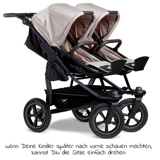 TFK Sibling & twin baby carriage Duo 2 with pneumatic tires - 2x combination unit (carrycot+seat) with reclining position & XXL Zamboo accessories - Sand