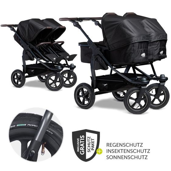 TFK Sibling & twin stroller Duo 2 with pneumatic tires - 2x combination unit (carrycot+seat) with reclining position & XXL Zamboo accessories - Black