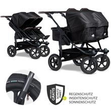 Sibling & twin stroller Duo 2 with pneumatic tires - 2x combination unit (carrycot+seat) with reclining position & XXL Zamboo accessories - Black