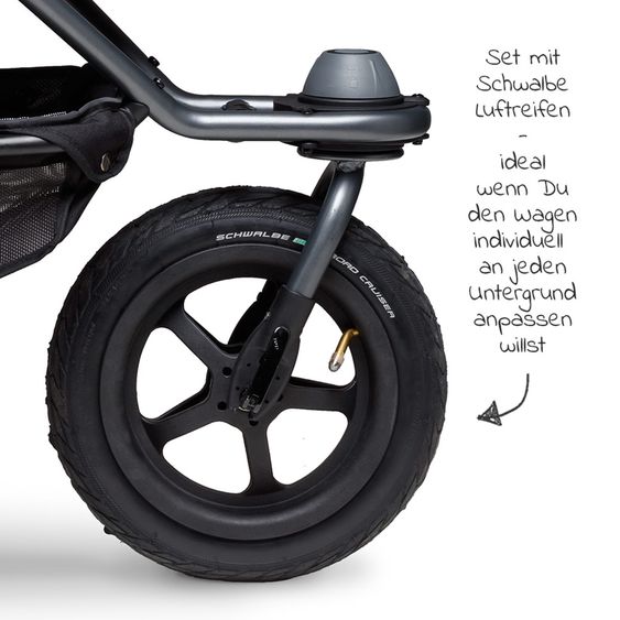 TFK Passeggino gemellare Duo 2 con pneumatici - 2x unità combinata (navicella+seggiolino) con posizione reclinabile e accessori XXL Zamboo - nero