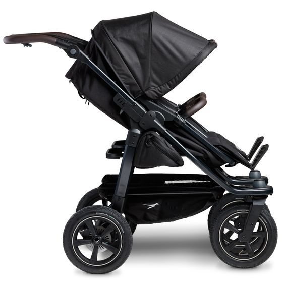 TFK Passeggino gemellare Duo 2 con pneumatici - 2x unità combinata (navicella+seggiolino) con posizione reclinabile e accessori XXL Zamboo - nero