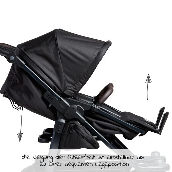 TFK Passeggino gemellare Duo 2 con pneumatici - 2x unità combinata (navicella+seggiolino) con posizione reclinabile e accessori XXL Zamboo - nero