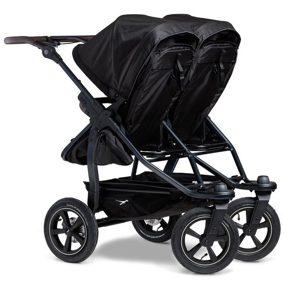 TFK Passeggino gemellare Duo 2 con pneumatici - 2x unità combinata (navicella+seggiolino) con posizione reclinabile e accessori XXL Zamboo - nero