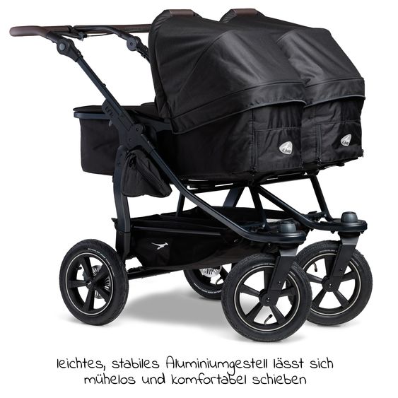 TFK Geschwister- & Zwillingskinderwagen Duo 2 mit Luftreifen - 2x Kombi-Einheit (Wanne+Sitz) mit Liegeposition & XXL Zamboo Zubehör - Schwarz