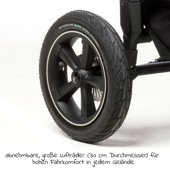 TFK Passeggino gemellare Duo 2 con pneumatici - 2x unità combinata (navicella+seggiolino) con posizione reclinabile e accessori XXL Zamboo - nero