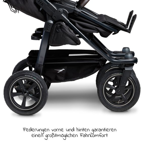 TFK Passeggino gemellare Duo 2 con pneumatici - 2x unità combinata (navicella+seggiolino) con posizione reclinabile e accessori XXL Zamboo - nero