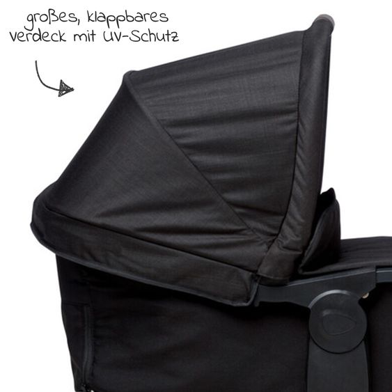 TFK Passeggino gemellare Duo 2 con pneumatici - 2x unità combinata (navicella+seggiolino) con posizione reclinabile e accessori XXL Zamboo - nero