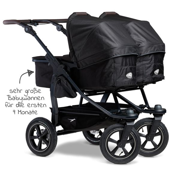 TFK Passeggino gemellare Duo 2 con pneumatici - 2x unità combinata (navicella+seggiolino) con posizione reclinabile e accessori XXL Zamboo - nero