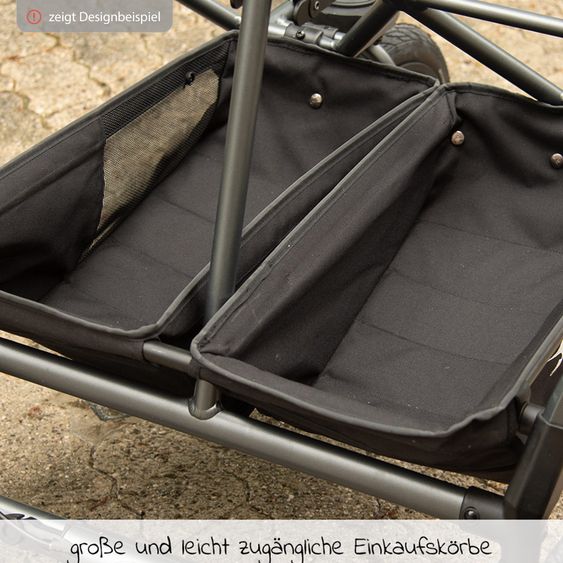 TFK Passeggino gemellare Duo 2 con pneumatici - 2x unità combinata (navicella+seggiolino) con posizione reclinabile e accessori XXL Zamboo - nero