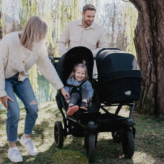 TFK Sibling & twin stroller Duo 2 with pneumatic tires - 2x combination unit (carrycot+seat) with reclining position & XXL Zamboo accessories - Black