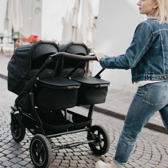 TFK Passeggino gemellare Duo 2 con pneumatici - 2x unità combinata (navicella+seggiolino) con posizione reclinabile e accessori XXL Zamboo - nero