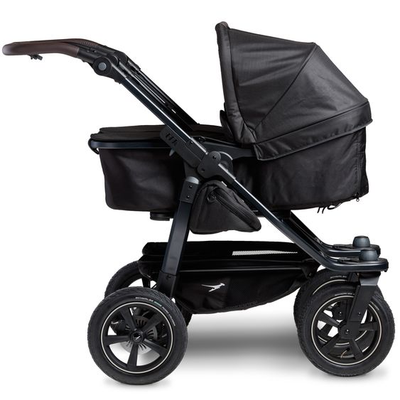 TFK Passeggino gemellare Duo 2 con pneumatici - 2x unità combinata (navicella+seggiolino) con posizione reclinabile e accessori XXL Zamboo - nero