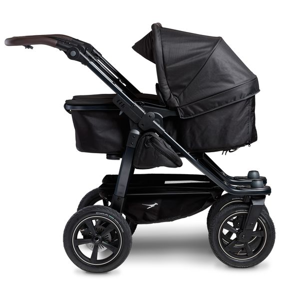 TFK Passeggino gemellare Duo 2 con pneumatici - 2x unità combinata (navicella+seggiolino) con posizione reclinabile e accessori XXL Zamboo - nero