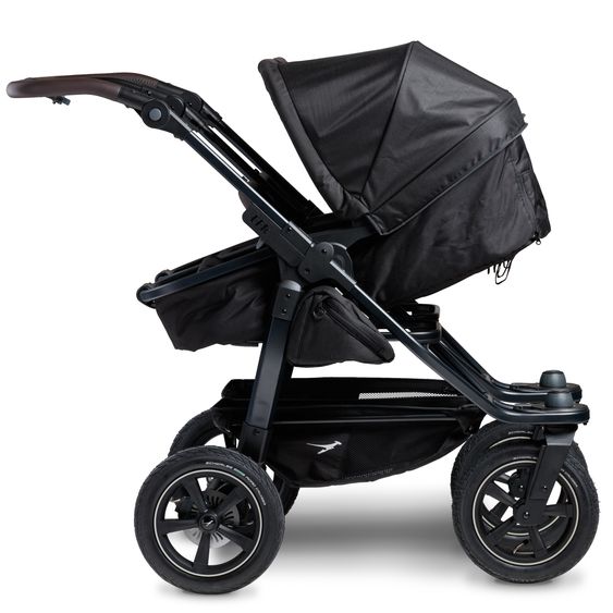 TFK Passeggino gemellare Duo 2 con pneumatici - 2x unità combinata (navicella+seggiolino) con posizione reclinabile e accessori XXL Zamboo - nero