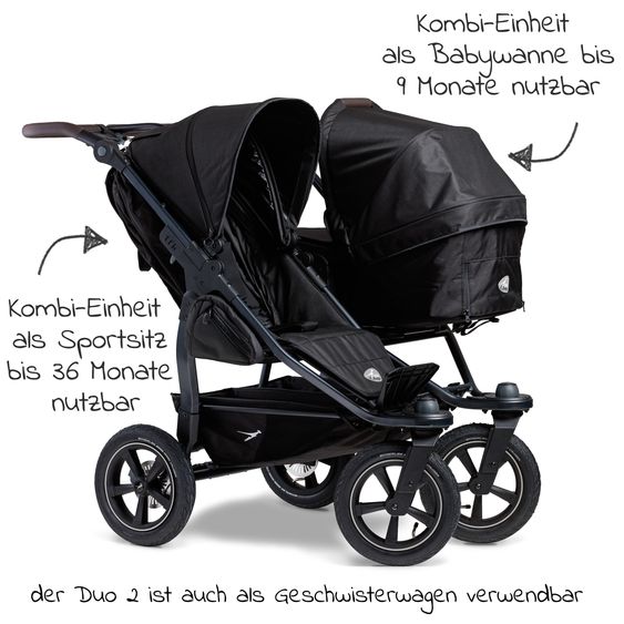 TFK Passeggino gemellare Duo 2 con pneumatici - 2x unità combinata (navicella+seggiolino) con posizione reclinabile e accessori XXL Zamboo - nero