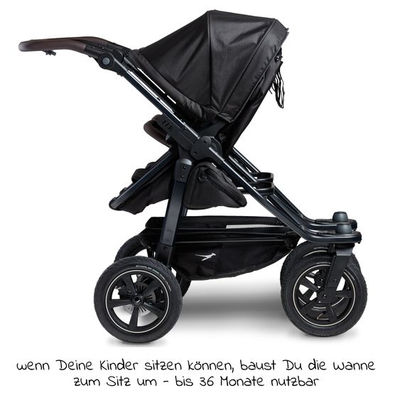 TFK Passeggino gemellare Duo 2 con pneumatici - 2x unità combinata (navicella+seggiolino) con posizione reclinabile e accessori XXL Zamboo - nero