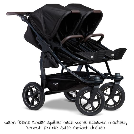 TFK Sibling & twin stroller Duo 2 with pneumatic tires - 2x combination unit (carrycot+seat) with reclining position & XXL Zamboo accessories - Black