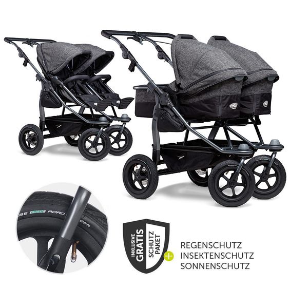 TFK Geschwister- & Zwillingskinderwagen Duo mit Lufreifen - 2x Kombi-Einheit (Wanne+Sitz) + XXL Zamboo Zubehör - Anthrazit