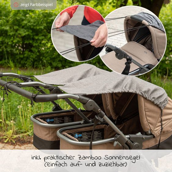 TFK Geschwister- & Zwillingskinderwagen Duo mit Lufreifen - 2x Kombi-Einheit (Wanne+Sitz) + XXL Zamboo Zubehör - Anthrazit