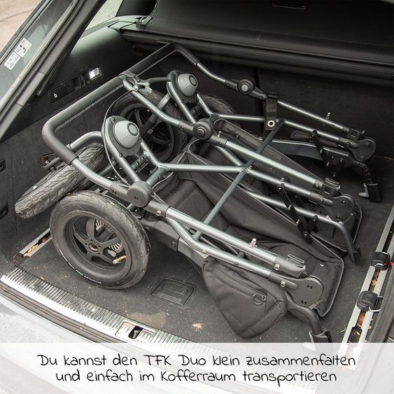 TFK Geschwister- & Zwillingskinderwagen Duo mit Lufreifen - 2x Kombi-Einheit (Wanne+Sitz) + XXL Zamboo Zubehör - Anthrazit